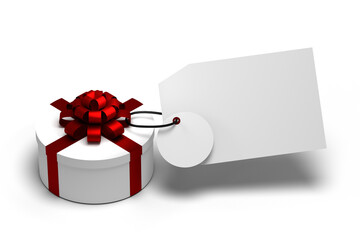 Transparent PNG illustration, mockup template with round gift box with red shiny bow and label