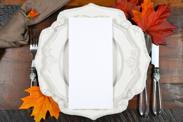 Rustic Fall Thanksgiving Dinner Product Mockup. Dinner table place setting with 4x9 menu card...