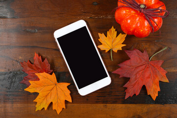 Rustic Fall Thanksgiving Dinner Product Mockup. Cellphone, mobile phone, smartphone, eVite mockup, styled with autumn leaves and pumpkin on dark wood background.