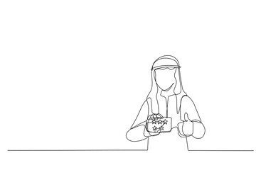 Illustration of arab businessman showing five yellow stars card and thumbs up. Continuous line art style