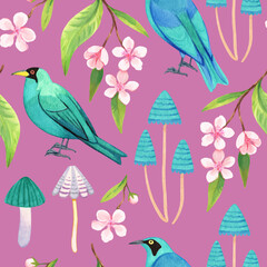 Watercolor seamless pattern with colorful turquoise birds, mushrooms and flowers. Spring gentle texture. 