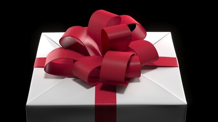 Closeup White gift box with Red ribbon isolate on black dark background. 3D Illustration.