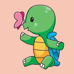 cute turtle and butterfly playing together, butterfly on turtle nose