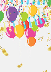 Balloons variety of colors vector illustration of  colored confetti, garlands and streamers on  background for party or carnival usage, Elements Fun Card
