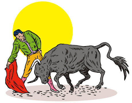 Illustration Of A Matador Bullfighter With Cape Done In Retro Style.