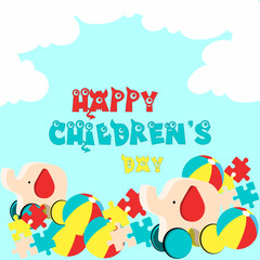 Fototapeta na wymiar Happy Children's Day with toys in bottom and clouds on top vector illustration. For poster, banner, card invitation, social media