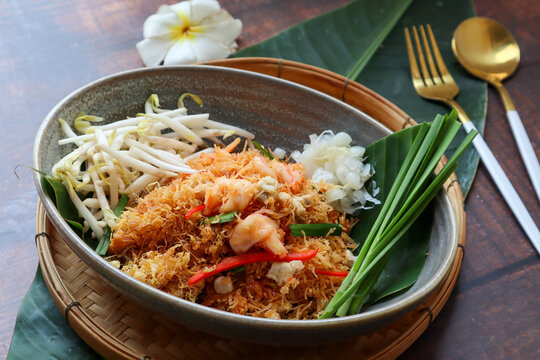 Mee Krob - Thai appetizer of  sweet and sour crispy Rice noodles, shrimp, and vegetable at close up view of  Authentic Thai food 