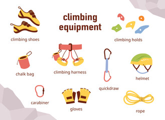 Indoor rock climbing equipment collection. flat vector illustration.