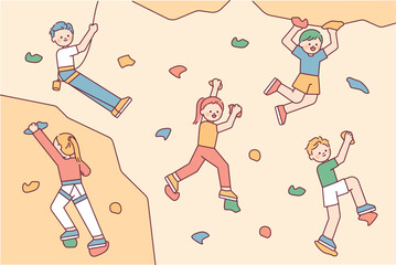 Many people are having fun doing indoor rock climbing. outline simple vector illustration.