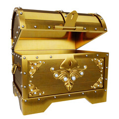 Treasure chest made of gold. Antique chest made of wood and metal painted gold. An antique padlock...