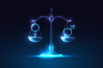 Concept of gender equality with balance scales, male and female symbols in futuristic glowing style - obrazy, fototapety, plakaty