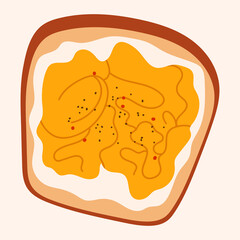 Delicious sandwich with scrambled egg and spices hand drawn vector illustration