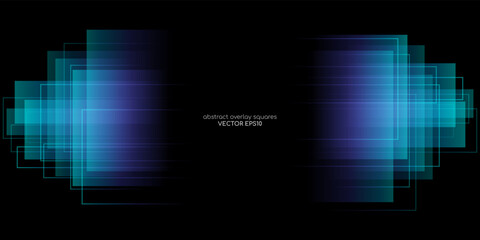 Abstract geometric rectangle and lines transparent overlay with purple blue green gradient light isolated on black background. Vector backdrop, banner in concept modern, technology, digital, science.