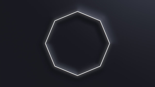 Black Surface with Embossed Shape and White Illuminated Trim. Tech Background with Neon Octagon. 3D Render.