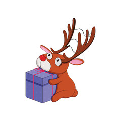 Christmas vector cute reindeer with gift vector isolated on white background. Xmas vector. Perfect for coloring book, textiles, icon, web, painting, books, t-shirt print.