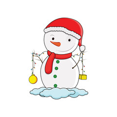 Snowman Holding jingle bells and gifts vector isolated on white background. Perfect for coloring book, textiles, icon, web, painting, books, t-shirt print.