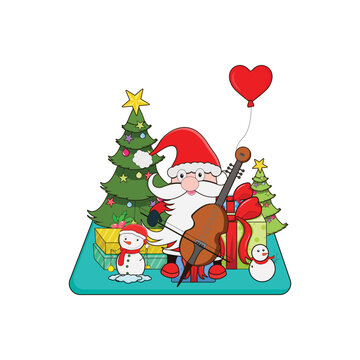 Santa Claus playing the guitar vector, Xmas tree, ice man, gifts isolated on with background. Perfect for coloring book, textiles, icon, web, painting, books, t-shirt print.
