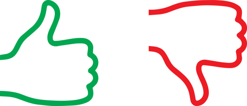 Thumbs up and down icon. vote red and green isolated on white background. Like dislike hand sign.