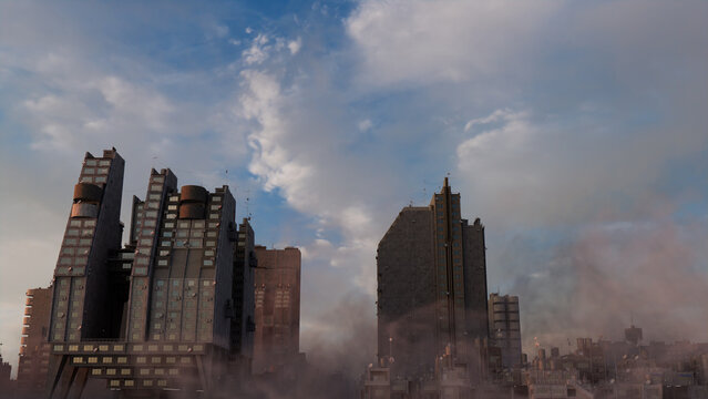Constructivist City Skyline. Soviet Brutalist Architecture against a Sunset Evening Sky.