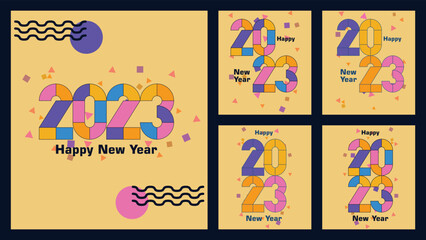 2023 New Year Square Poster Set with creative concept. Shaped creative concept for the new year 2023. 