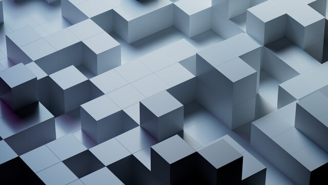 Precisely Aligned Glossy Cubes. Grey, Modern Tech Wallpaper. 3D Render.
