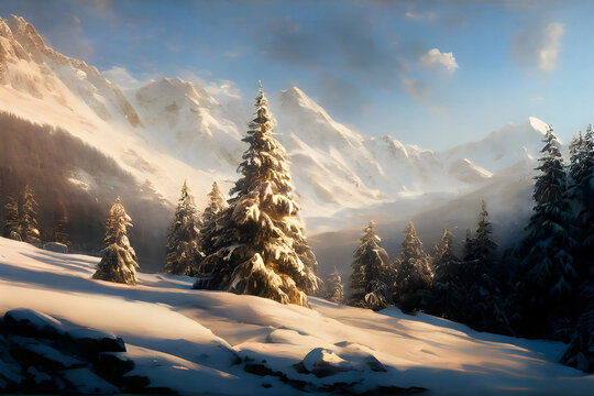 Beautiful winter landscape with mountains in the background