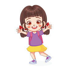 Cute little kid girl with backpack vector illustration. The kid girl goes to school.
