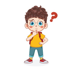 Illustration of a kid boy thinking in a question. Crying kid boy wearing a backpack vector illustration. The kid boy goes to school.