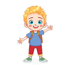 Cute blonde kid boy with backpack vector illustration. The kid boy goes to school.