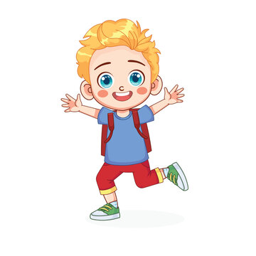 Cute blonde kid boy with backpack vector illustration. The kid boy goes to school.