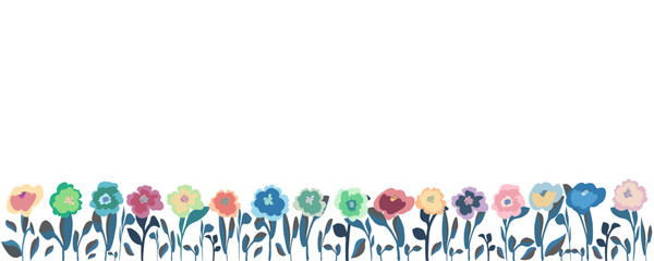 Horizontal white banner or floral backdrop decorated with gorgeous multicolored flowers and leaves spring botanical border flat on white background.