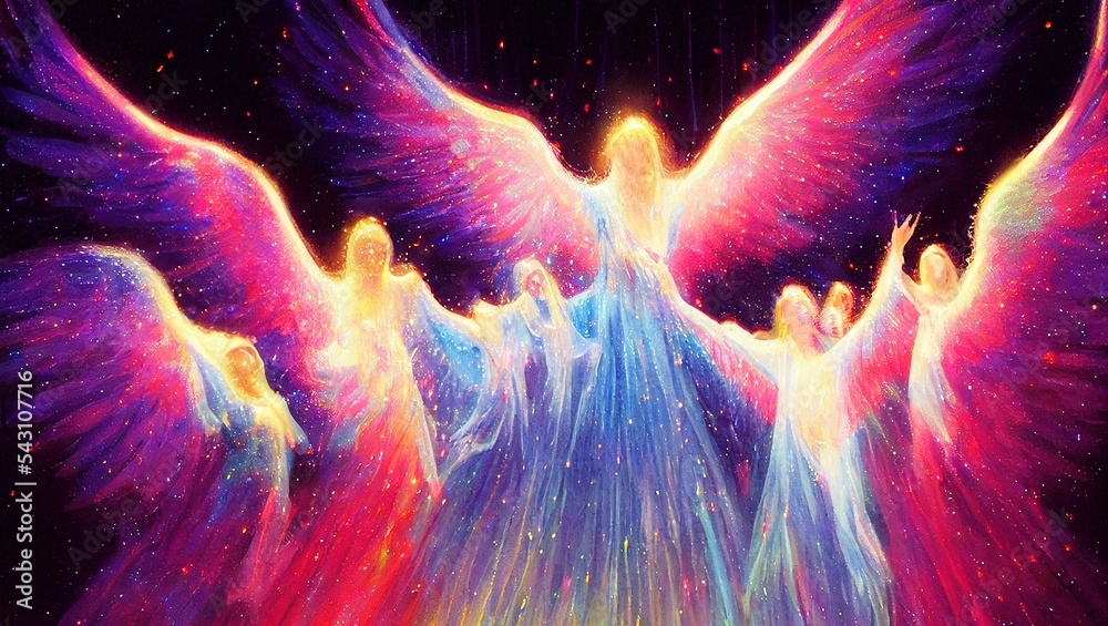 Canvas Prints ai generated digital art of colorful angels with open wings on a dark background covered in stars