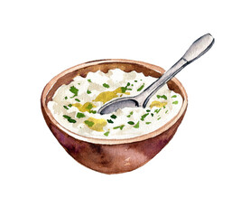watercolor drawing bowl with tzatziki, hand drawn illustration