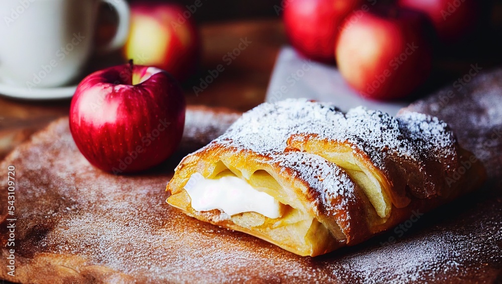 Sticker close-up of an apple strudel on a wooden table with an apple and a cup of coffee in the background