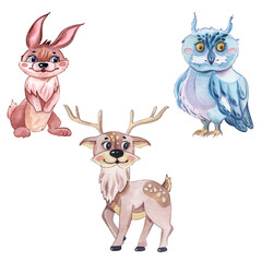 A hare, an owl and a deer are cute forest animals. Watercolor cartoon isolated on white background. Cute character. Hand drawn illustration. For postcards, children's things, printouts