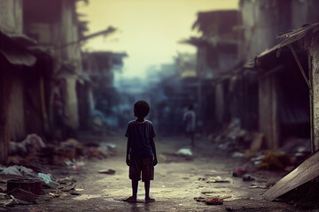 poor kid standing in the slum - obrazy, fototapety, plakaty