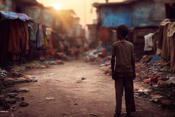 poor kid standing in the slum - obrazy, fototapety, plakaty