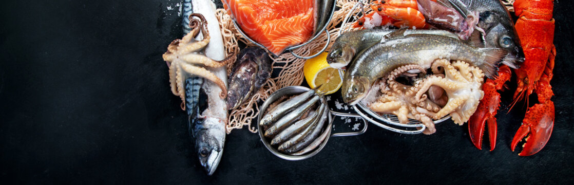 Fresh fish and seafood assortment on black background, fish market. Healthy diet eating concept. Top view., copy space. Panorama, banner
