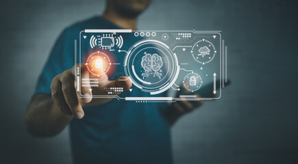 Man holding smart mobile phone use finger touch unlock on screen with AI intelligent technology and cloud computing diagram. Data AI storage. Networking internet service. Business technology concept.