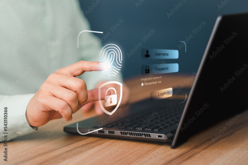 Poster Man login with fingerprint scanning technology in the computer. Secure encryption and access to the user's private information to access the Internet.