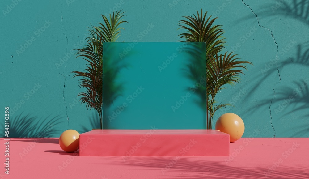 Poster luscious red square shape podium product display on a red floor and green conrete background decorat