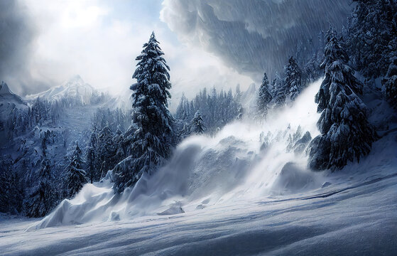 snow avalanche in the mountains, winter mountain landscape, dangerous snow conditions weather