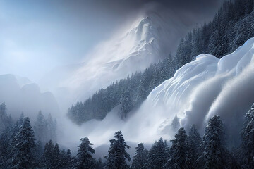 snow avalanche in the mountains, winter mountain landscape, dangerous snow conditions weather