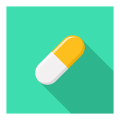 Yellow Pill Capsule, Medicine, vector mark symbols Yellow style. White Stroke design. Isolated icon.