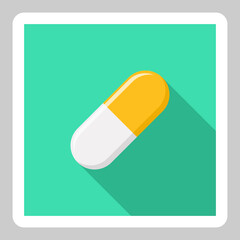 Yellow Pill Capsule, Medicine, vector mark symbols Yellow style. White Stroke design. Isolated icon.