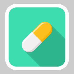 Yellow Pill Capsule, Medicine, vector mark symbols Yellow style. White Stroke design. Isolated icon.