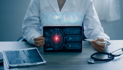 Medicine doctor using digital healthcare and network connection on hologram modern virtual screen...
