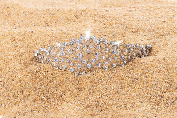 Diamond Crown for Princess Miss Pageant Beauty Contest put under Sand Beach in Tropical Island...