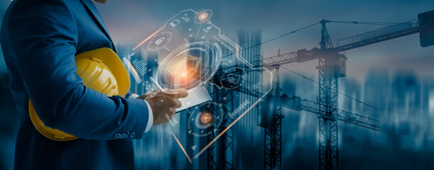 Future building construction engineering and technology project concept. double exposure graphic...
