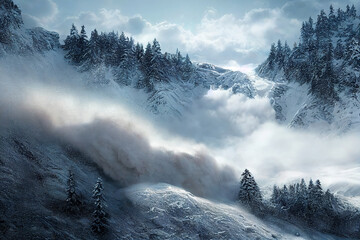 snow avalanche in the mountains, winter mountain landscape, dangerous snow conditions weather